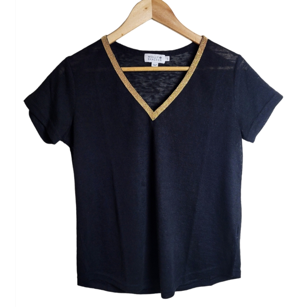 Molly Bracken Black Burnout Tee Top Gold Shimmery V-Neck Size Small